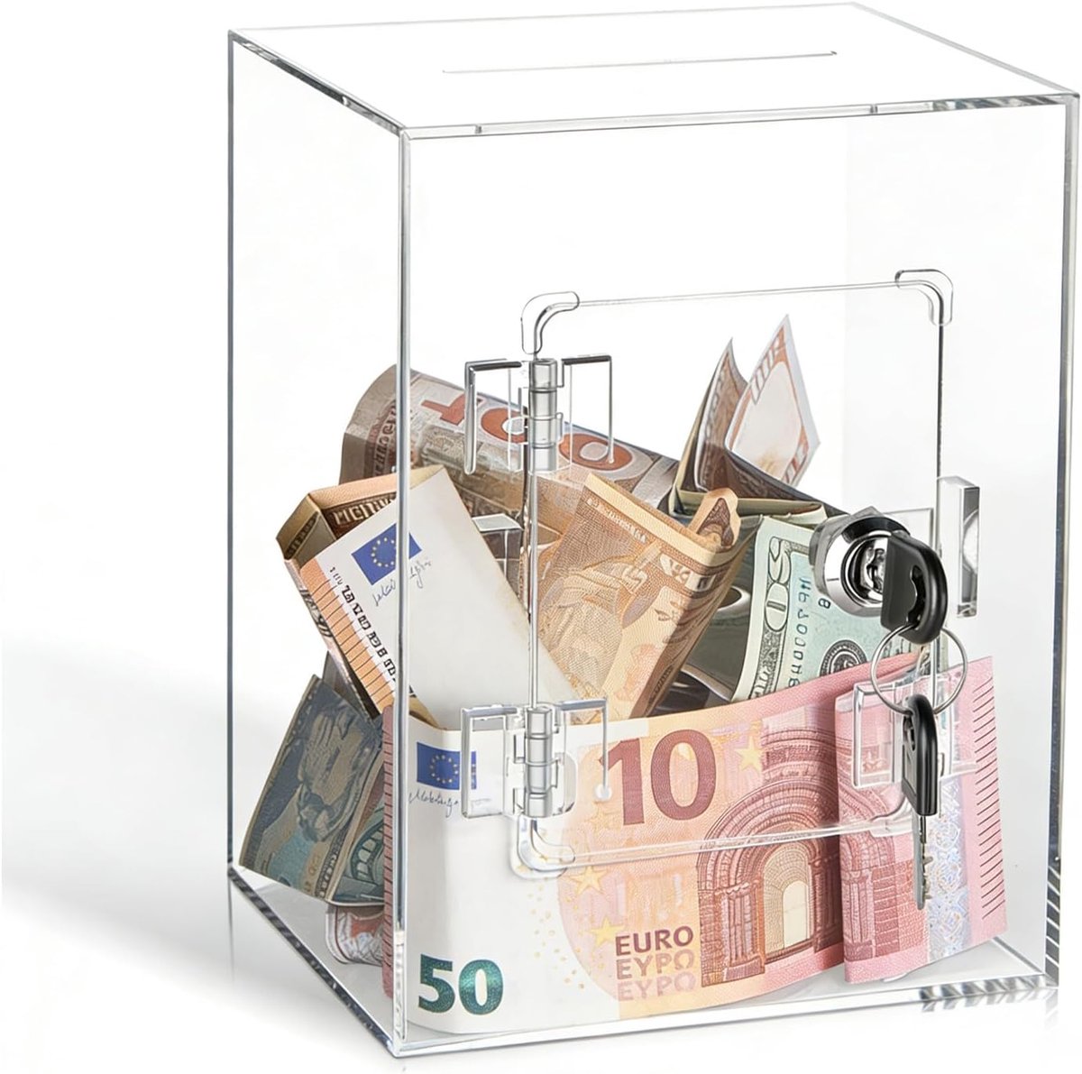 spaarpot 15 × 12 × 20 cm - acryl transparant - met sleutelslot - veilig voor munten en contant geld - ShopVlot