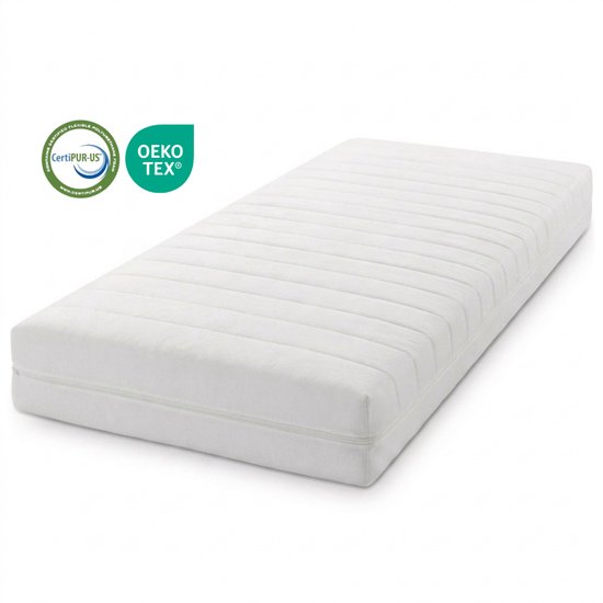 Wit MIA Sleep matras met horizontale ribbels en twee keurmerken.
