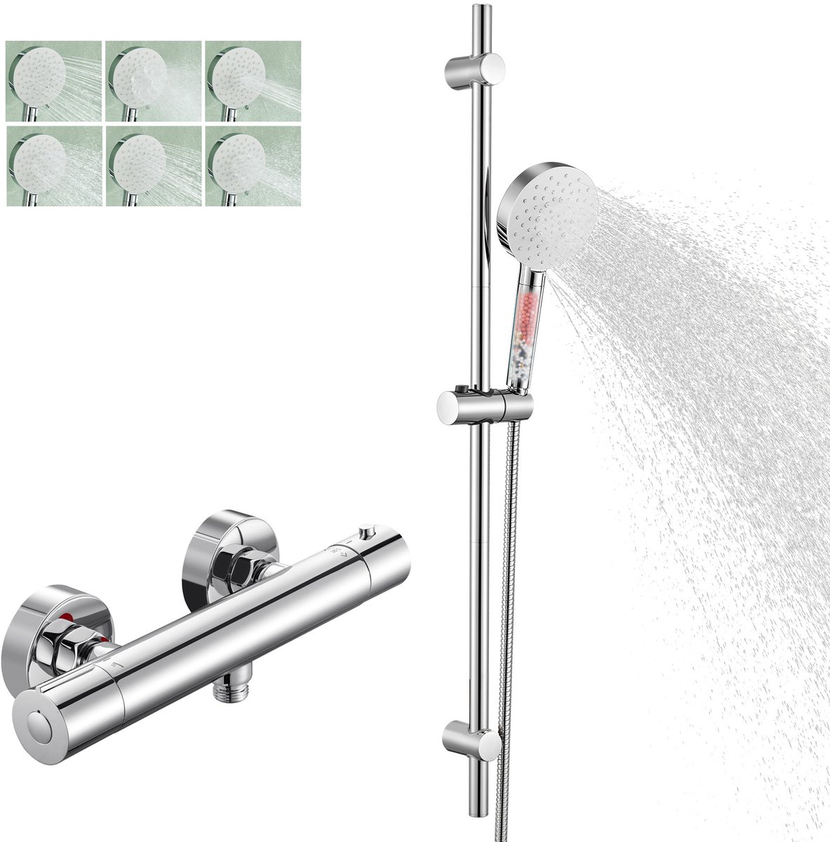 Auralum Max Thermostaatkraan met Glijstang - 90 cm Glijstang Doucheset - 38 °C Veiligheidsfuncties - Douchekraan - 6 Standen Handdouche - Douchekop met 4 Filters - Hoge Druk - Anti-Kalk - Waterbesparende - Chroom&Wit