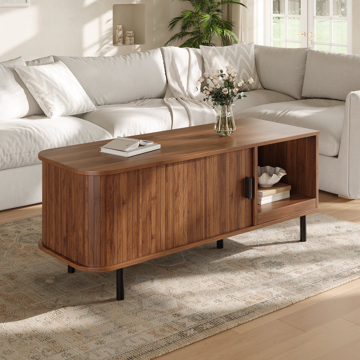 OKWISH Salontafel Walnut Met Schuifdeur En Open Vakken Moderne Rechthoekige Woonkamer Tafel Met Metalen Poten 110x40x55 Cm
