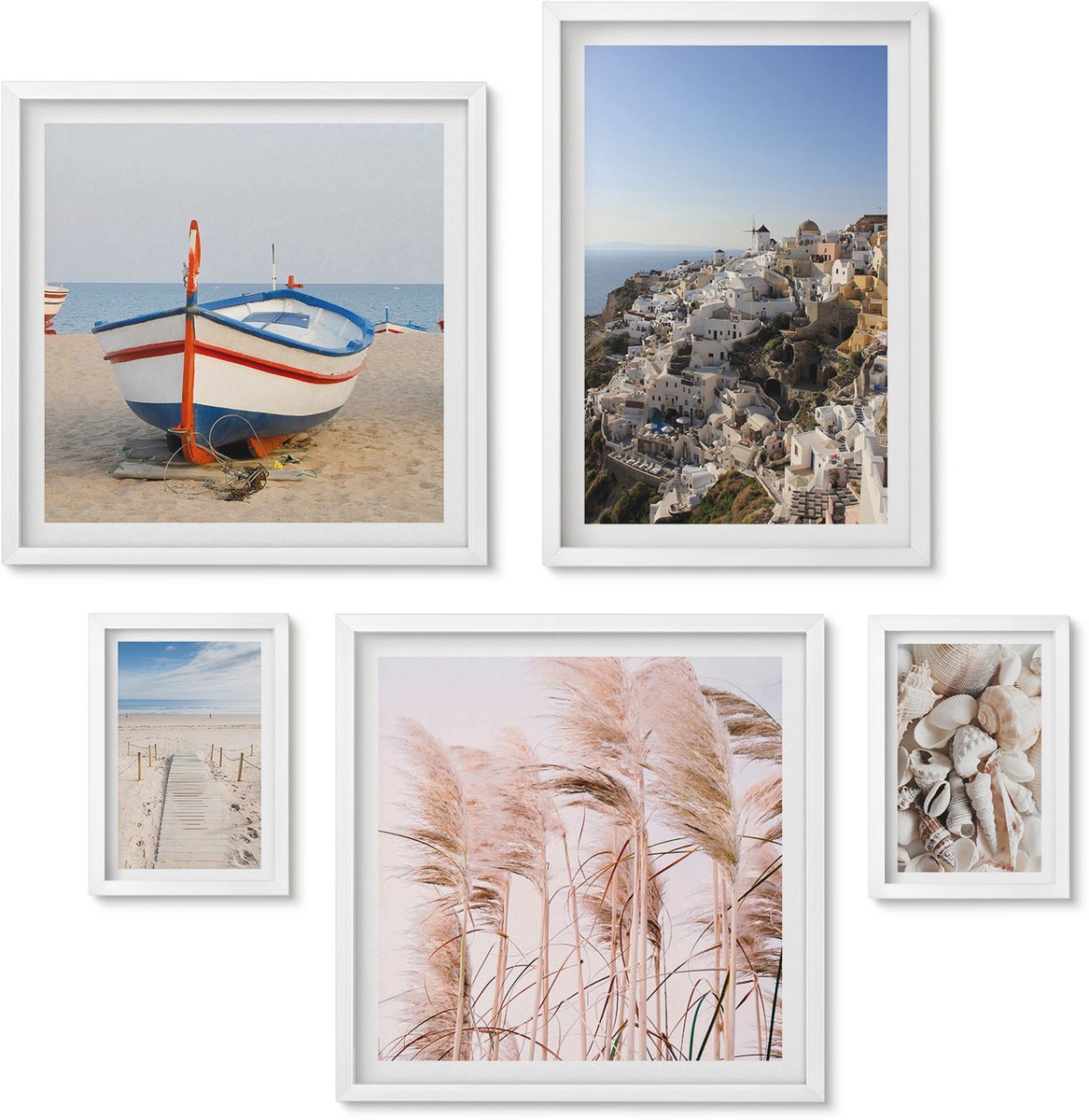 Wallfluent 5-Delige Schilderij Set - Kustlandschappen Met Stranden En Witte Gebouwen - 50 x 50 cm, 20 x 30 cm En 40 x 60 cm - Decoratieve Muurdecoratie - Slaapkamer