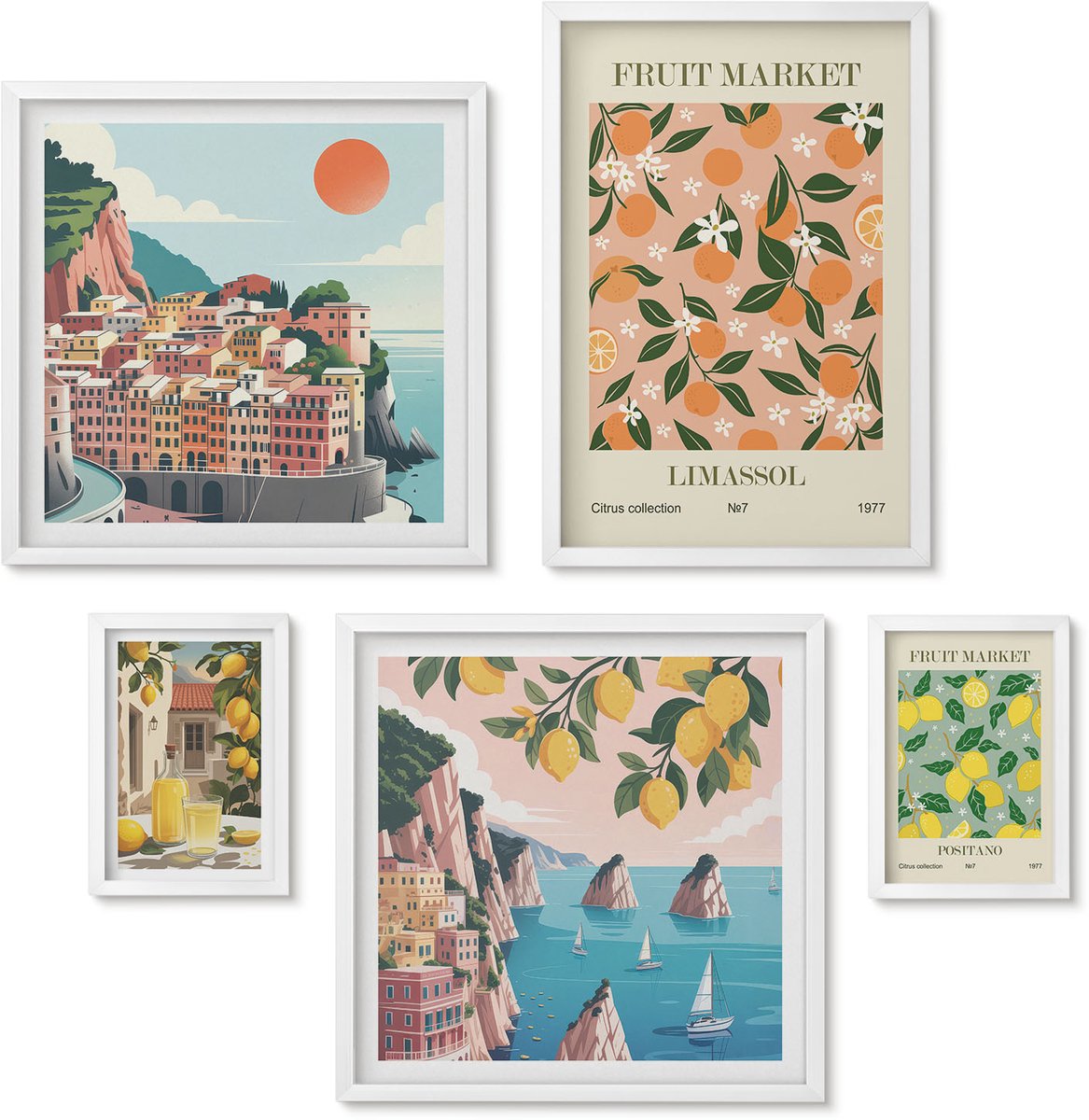 Wallfluent 5-Delige Schilderij Set - Fruitmarkten En Pittoreske Kustlandschappen - 50 x 50 cm, 20 x 30 cm En 40 x 60 cm - Stijlvolle Muurdecoratie - Slaapkamer - Wanddecoratie