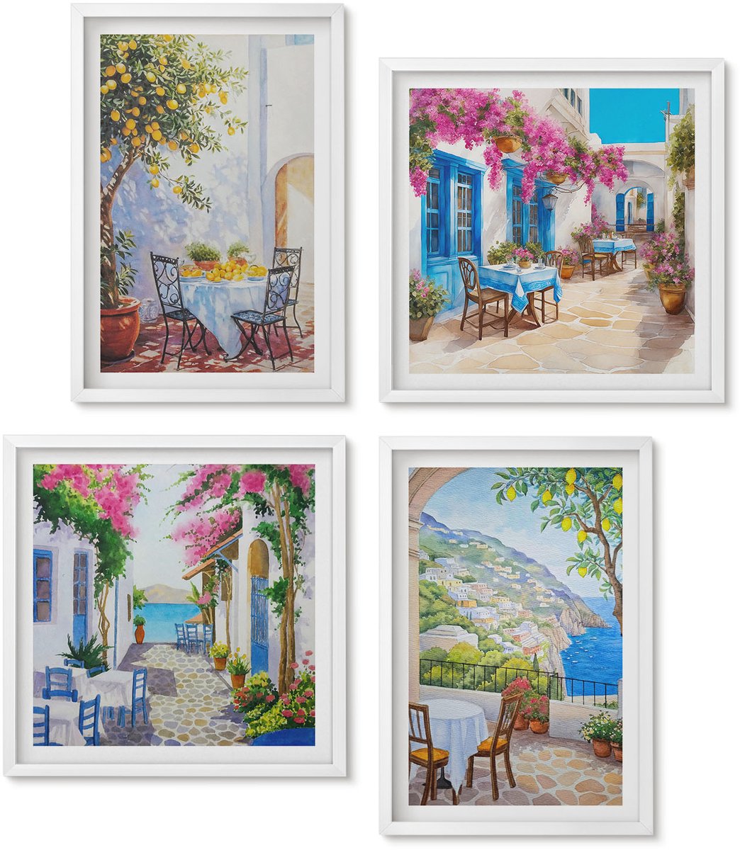 Wallfluent 4-Delige Schilderij Set - Sfeervolle Straatjes Met Bloeiende Planten En Uitzicht Op Zee. - 40 x 40 En 40 x 60 - Wanddecoratie - Schilderijen Set - Kantoor - Woonkamer Decoratie