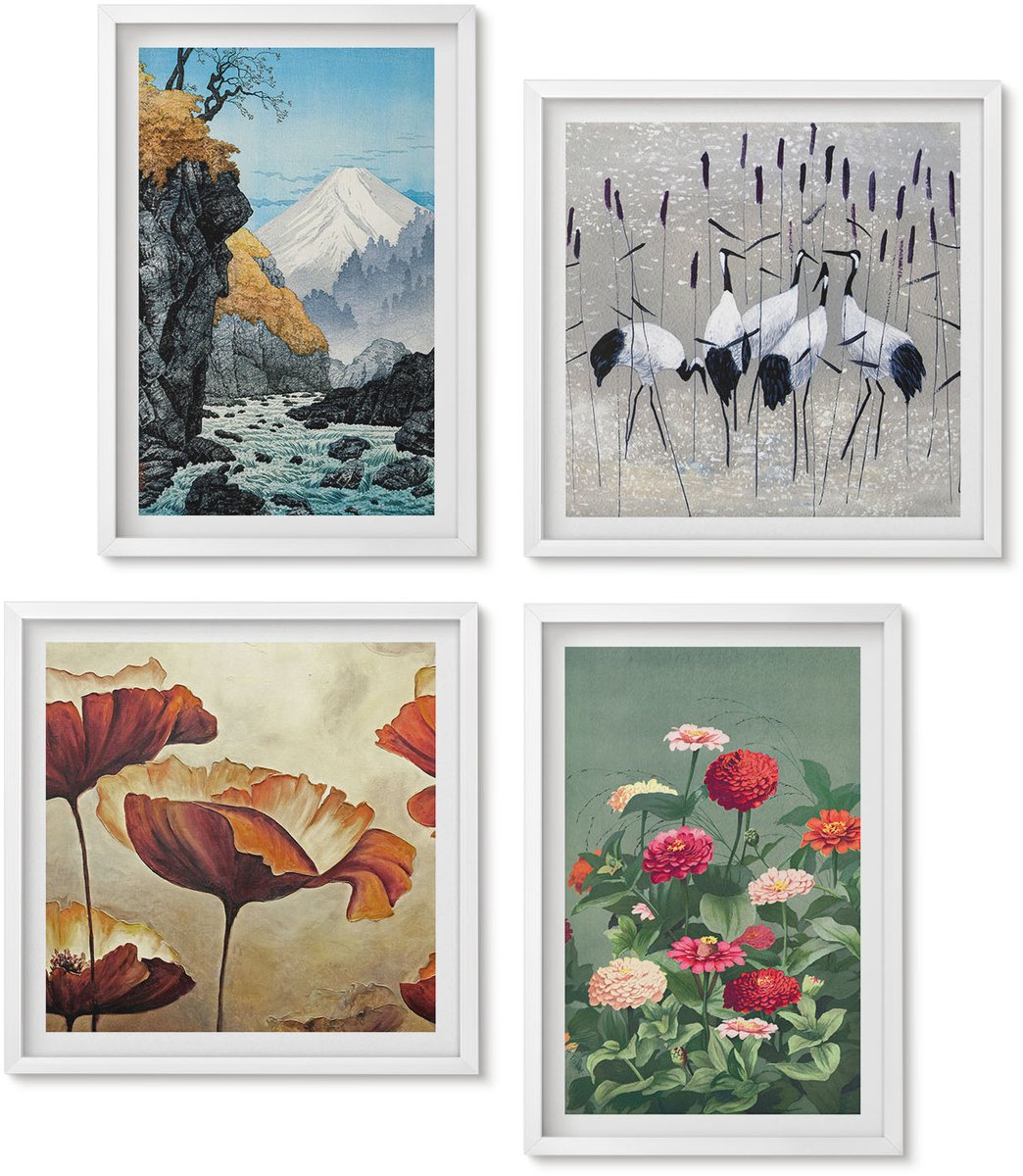 Wallfluent 4-Delige Schilderij Set - Bergen Met Een Waterval, Vogels In Vlucht En Kleurrijke Bloemen - 40 x 40 En 40 x 60 - Stijlvolle Muurdecoratie - Slaapkamer