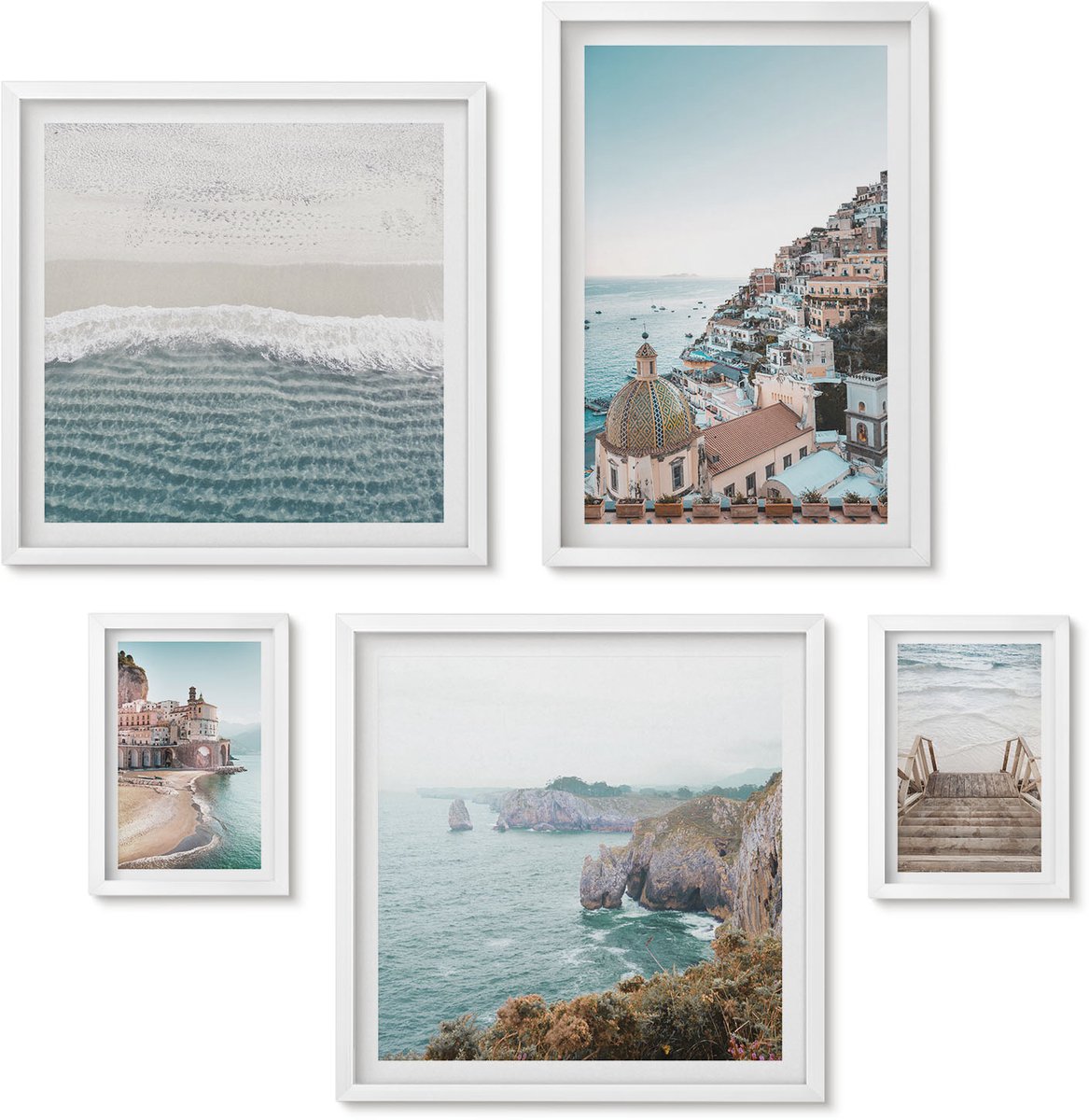 Wallfluent 5-Delige Schilderij Set - Kustlandschappen Met Charmante Stadjes En Stranden - 50 x 50 cm, 20 x 30 cm En 40 x 60 cm - Stijlvolle Muurdecoratie - Kantoor