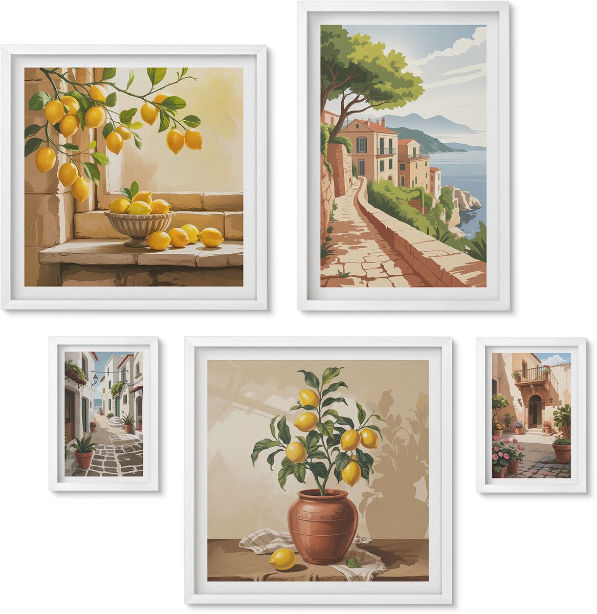 Wallfluent 5-Delige Schilderij Set - Charmante Uitzichten Op Mediterrane Straten En De Natuur. - 50 x 50 cm, 20 x 30 cm En 40 x 60 cm - Moderne Wanddecoratie - Slaapkamer - Woonkamer Decoratie
