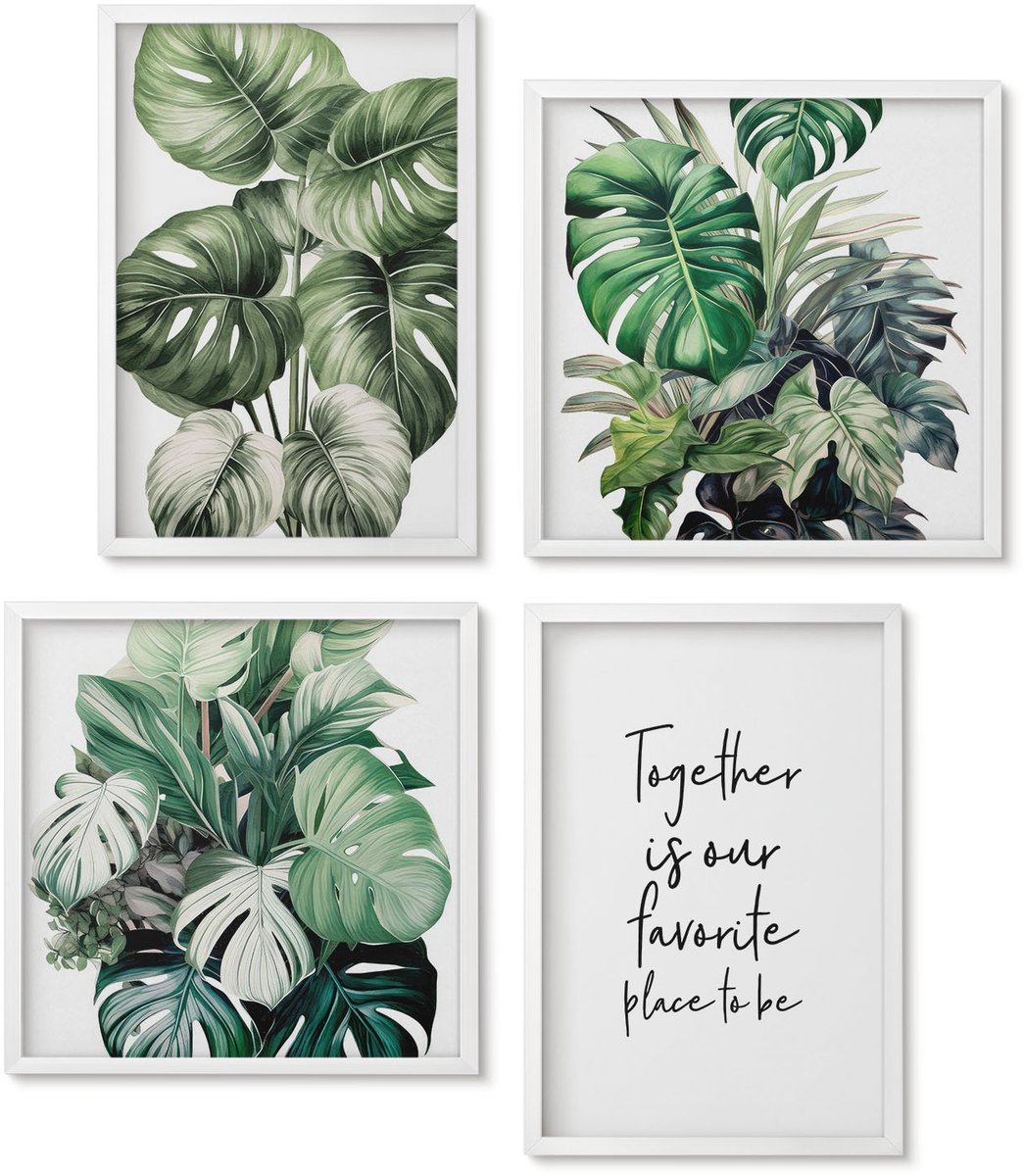 Wallfluent 4-Delige Schilderij Set - Groene Bladeren Van Tropische Planten Met Decoratieve Inscriptie - 40 x 40 En 40 x 60 - Moderne Wanddecoratie - Slaapkamer - Decoratieve Schilderijen