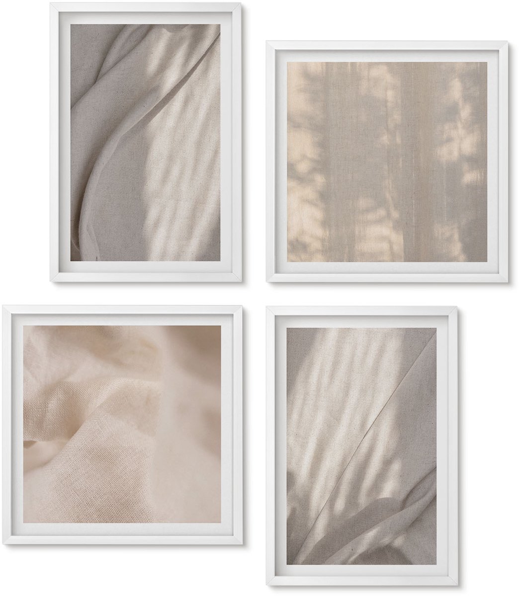Wallfluent 4-Delige Schilderij Set - Natuurlijke Textielstructuren Van Dichtbij - Boho - 40 x 40 En 40 x 60 - Wanddecoratie - Schilderijen Set - Interieur - Stijlvolle Muurdecoratie