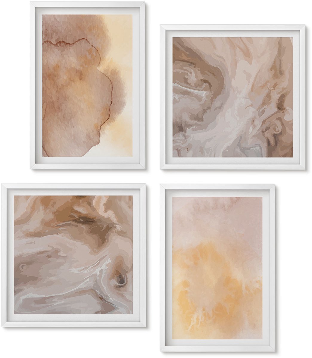 Wallfluent 4-Delige Schilderij Set - Warme Aquarelverf Op Canvas, Kleurrijke Texturen - 40 x 40 En 40 x 60 - Stijlvolle Wanddecoratie - Interieur - Muurdecoratie