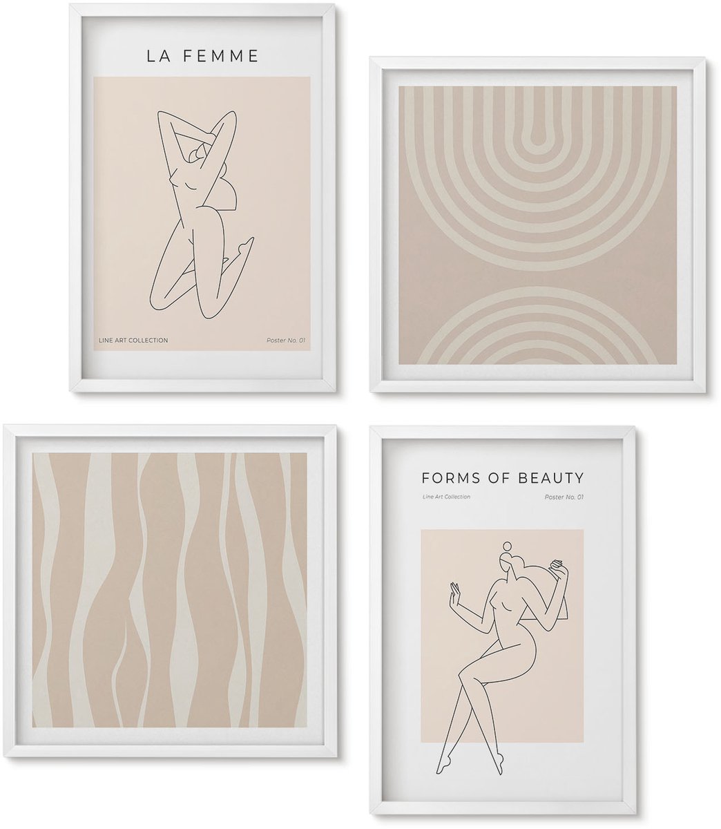 Wallfluent 4-Delige Schilderij Set - Een Verzameling Minimalistische Vormen En Natuurlijke Figuren - 40 x 40 En 40 x 60 - Wanddecoratie - Muurdecoratie - Woonkamer - Decoratieve Schilderijen
