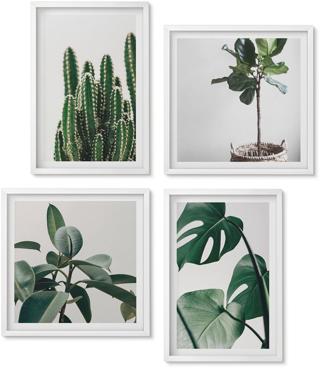 Wallfluent 4-Delige Schilderij Set - Tropische Kamerplanten Met Esthetische Bladeren - 40 x 40 En 40 x 60 - Stijlvolle Muurdecoratie - Kantoor - Interieur Decoratie
