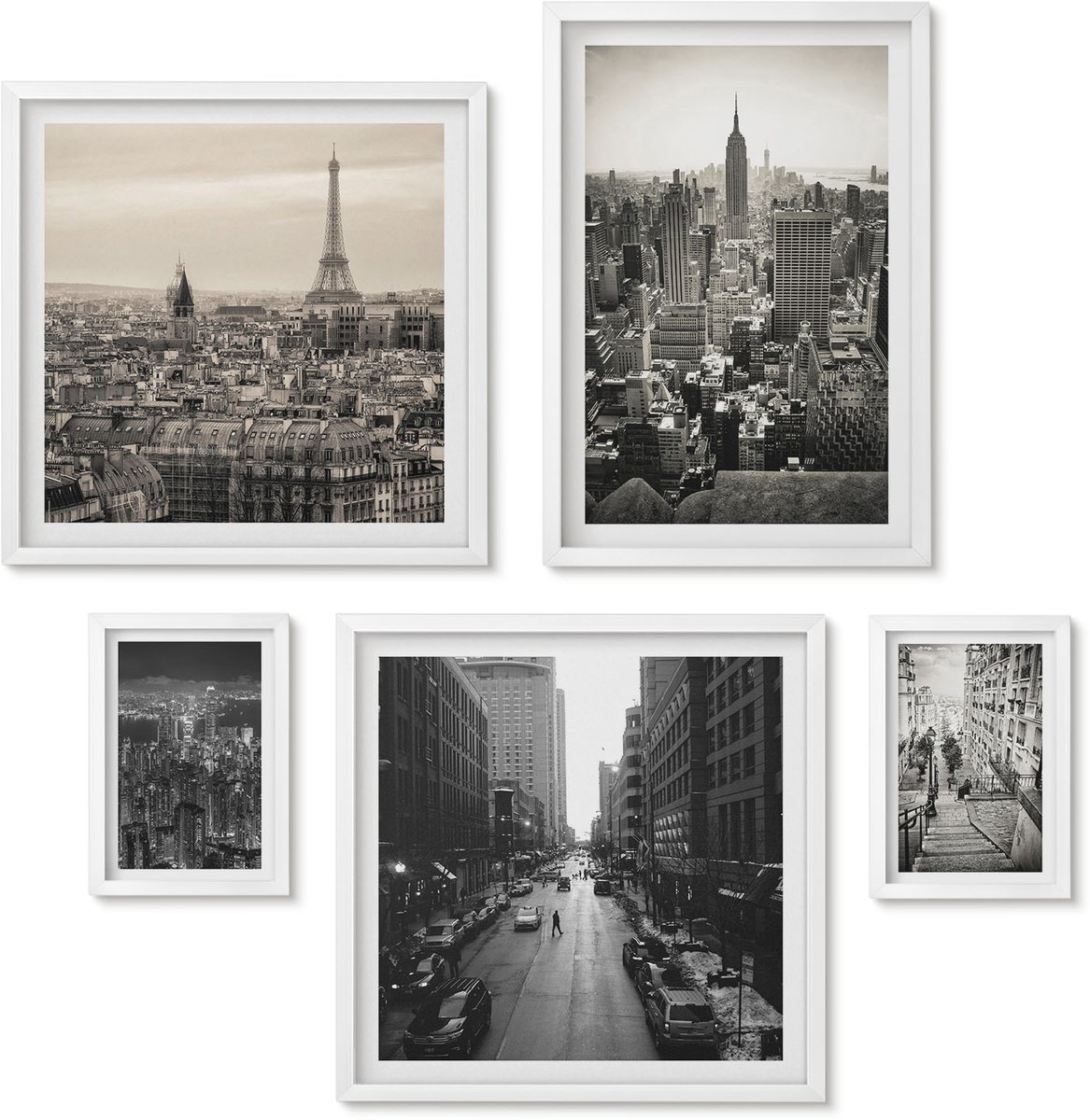 Wallfluent 5-Delige Schilderij Set - Stadspanorama'S Van Iconische Hoofdsteden In Europa En De Vs - 50 x 50 cm, 20 x 30 cm En 40 x 60 cm - Muurdecoratie - Wanddecoratie - Slaapkamer