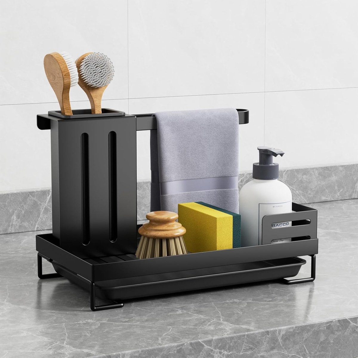 Gootsteenorganizer - Zwart - 25 x 15 x 16,5 cm - Stalen Organizer met Afneembare Lekbak - Voor Keuken en Badkamer