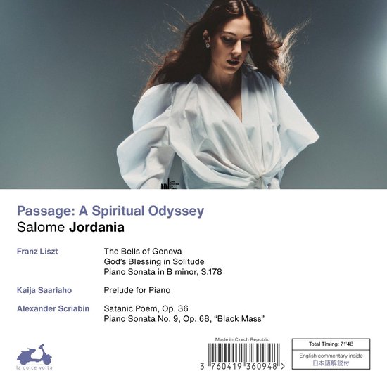 Salome Jordania in een witte jurk, met daaronder de tracklist van Passage: A Spiritual Odyssey.