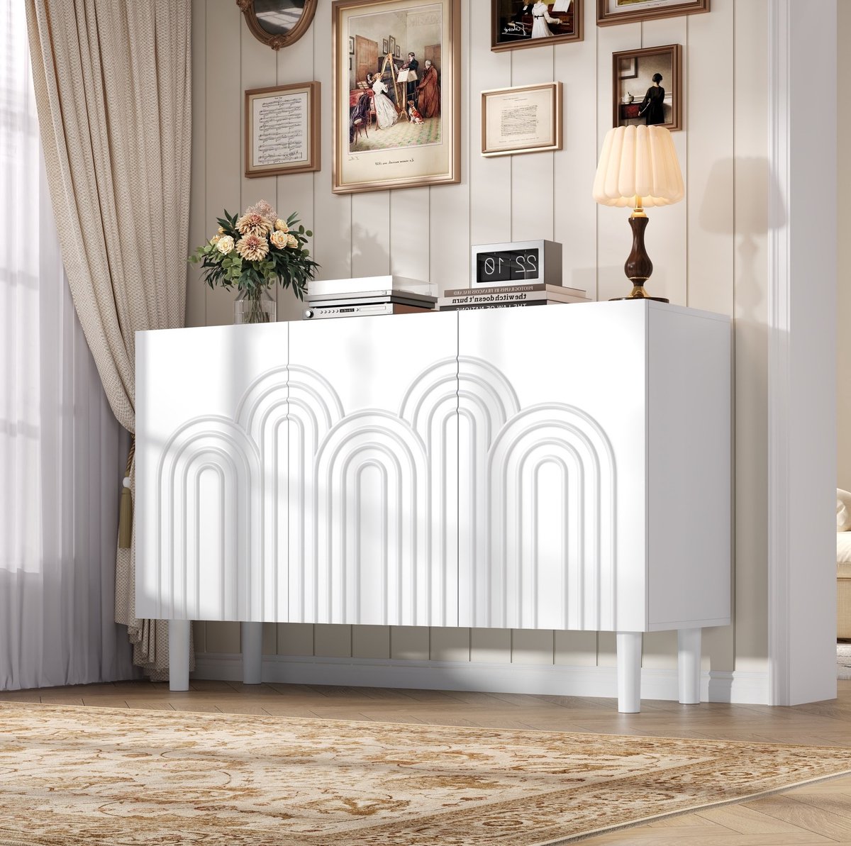 HAUSS SPOLE Dressoir Met 3 Deuren, Verstelbare Verdelers En 4 Opbergvakken, Voor Woonkamer, Hal En Kantoor, Wit MDF, 120 X 38,5 X 79 Cm