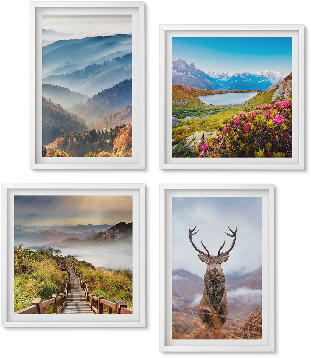 Wallfluent 4-Delige Schilderij Set - Berglandschappen Met Meer En Herten In De Natuur - 40 x 40 En 40 x 60 - Moderne Wanddecoratie - Slaapkamer - Interieur Decoratie