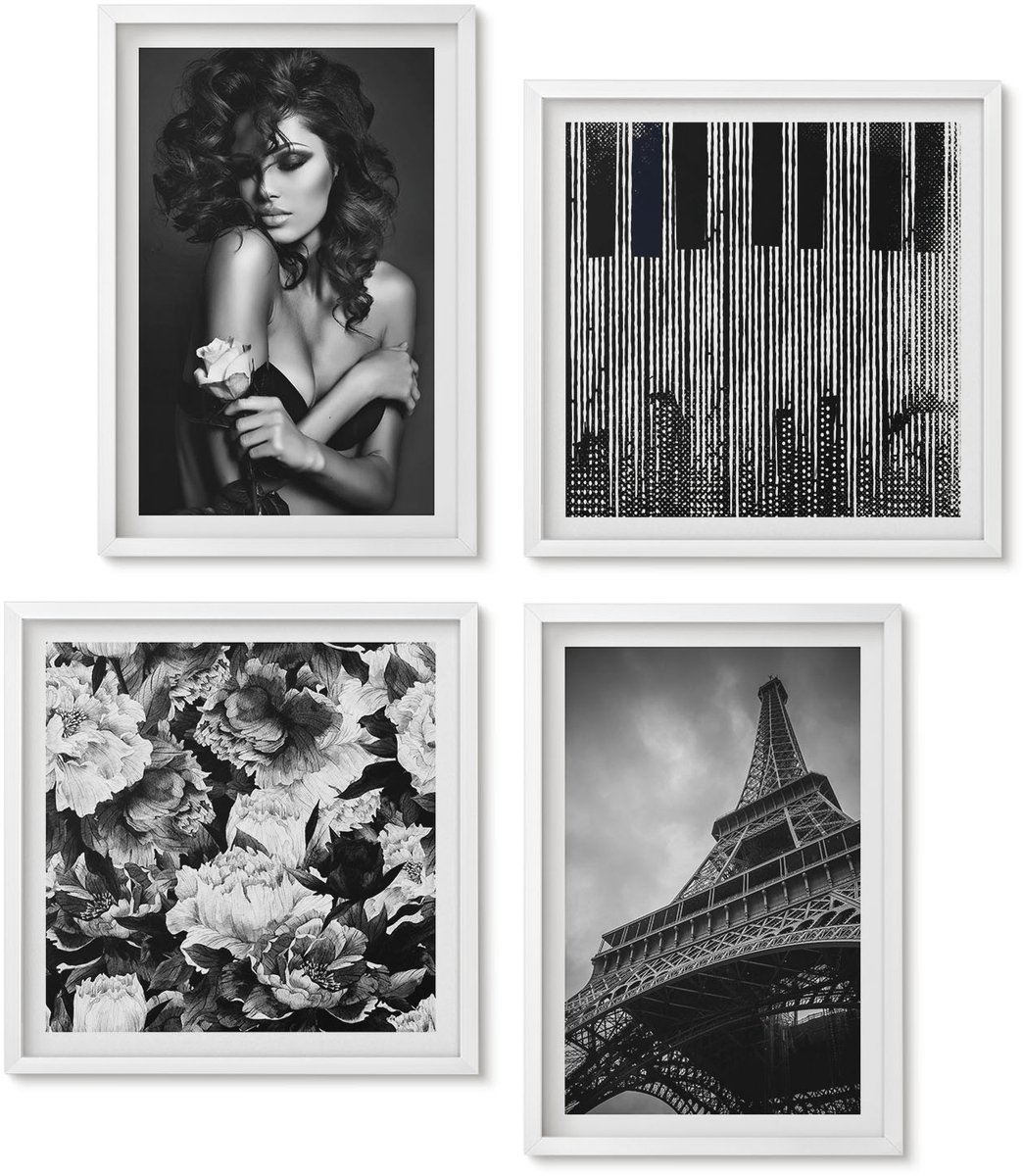 Wallfluent 4-Delige Schilderij Set - Portret Van Een Vrouw Met Een Roos Eiffeltoren Abstracte Werken - 40 x 40 En 40 x 60 - Wanddecoratie - Schilderijen Set - Kantoor - Moderne Wanddecoratie