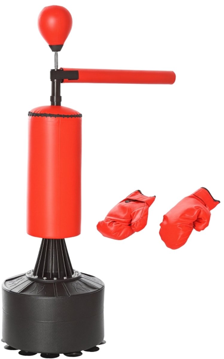 REDOM - Bokszak - Staand model met reflexbal en 360° draaistang - Saugvoet en opvulbare basis met water of zand - Inclusief handschoenen en luchtpomp - Training thuis - PU - Zwart en Rood - 88 x 48 x 205 cm