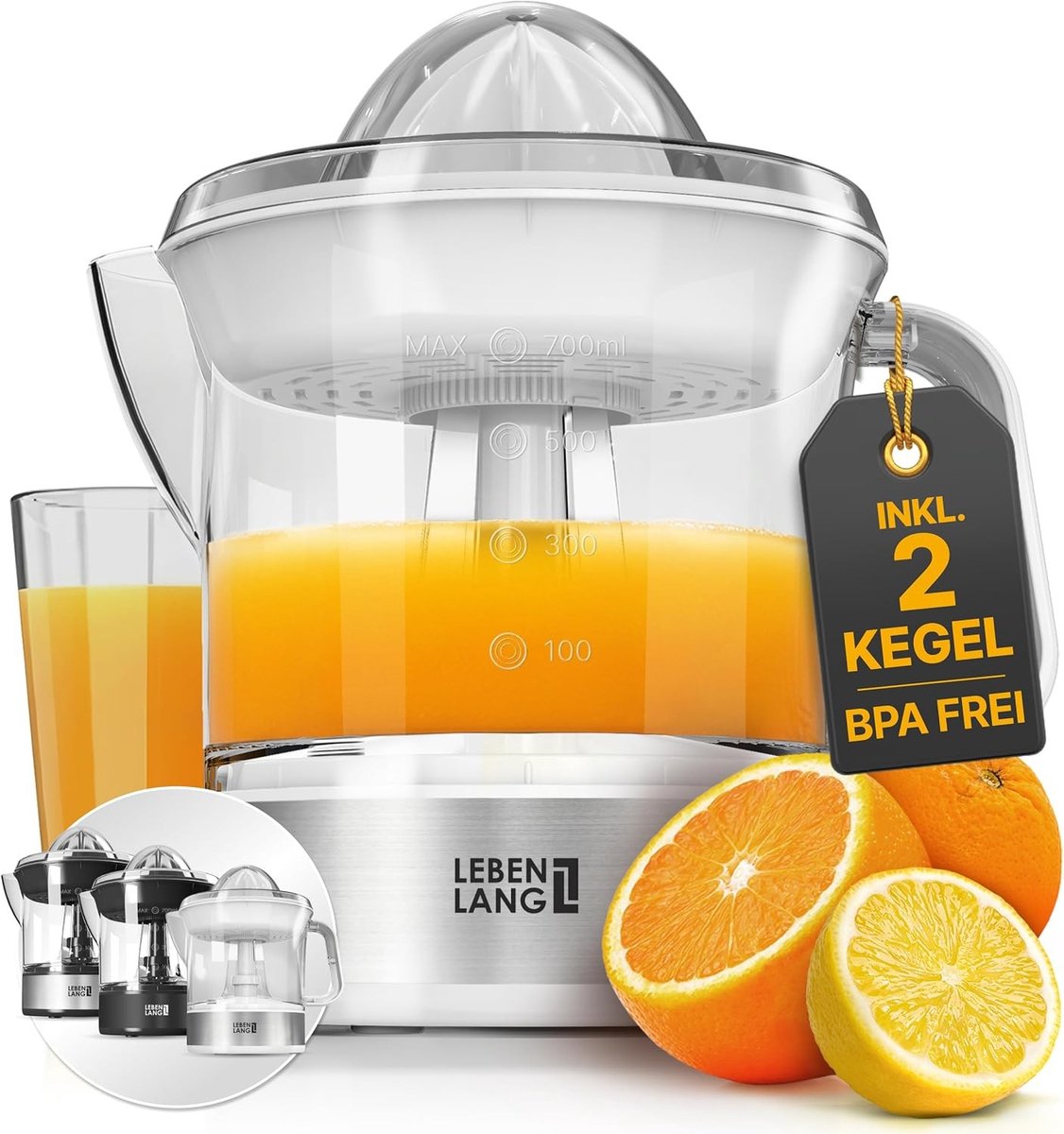 Citruspers elektrisch - Wit - 700 ml - BPA-vrij RVS met 2 Perskegels - Voor Thuisgebruik