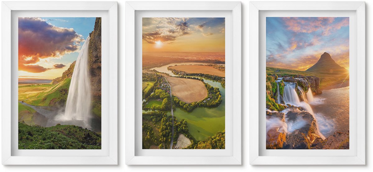 Wallfluent 3-Delige Schilderij Set - Watervallen, Berglandschappen En Rivieren Bij Zonsondergang - 20 x 30 - Muurdecoratie - Wanddecoratie - Slaapkamer - Woonkamer Decoratie