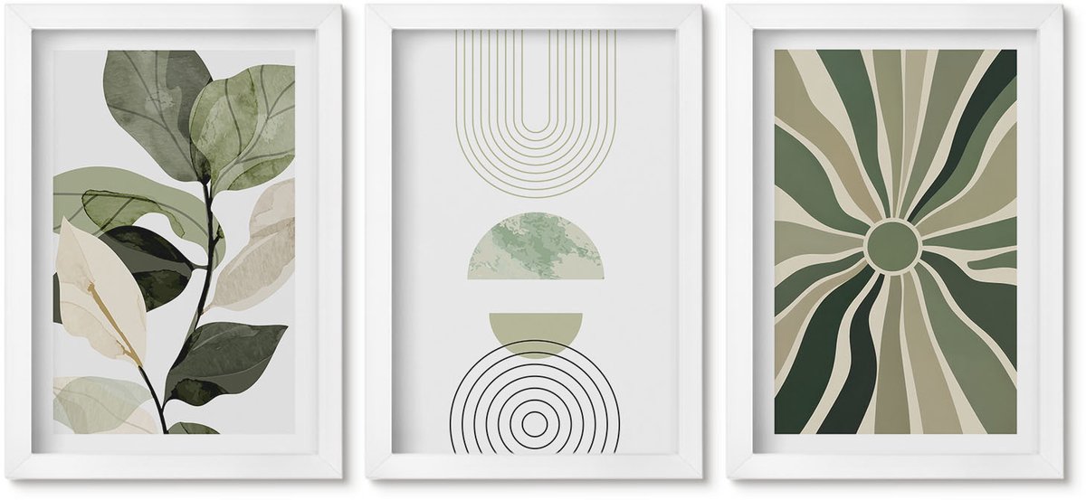 Wallfluent 3-Delige Schilderij Set - Plantmotieven Met Geometrische Vormen In Groen - 20 x 30 - Decoratieve Muurdecoratie - Slaapkamer - Moderne Wanddecoratie