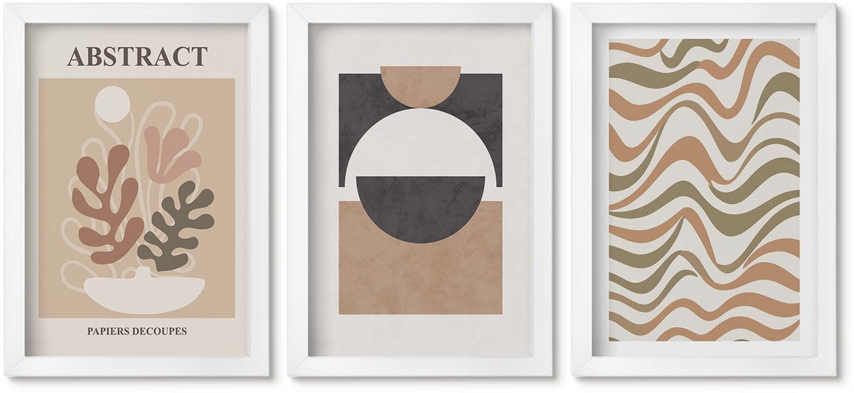 Wallfluent 3-Delige Schilderij Set - Abstracte Vormen En Patronen In Gedempte Kleuren. - 20 x 30 - Wanddecoratie - Woonkamer Decoratie - Decoratieve Schilderijen
