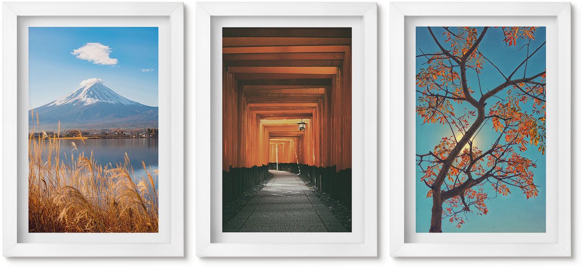 Wallfluent 3-Delige Schilderij Set - Japanse Landschappen, Natuur En Architectuur Van Azië - 20 x 30 - Decoratieve Schilderijen - Wanddecoratie - Hal - Woonkamer Decoratie