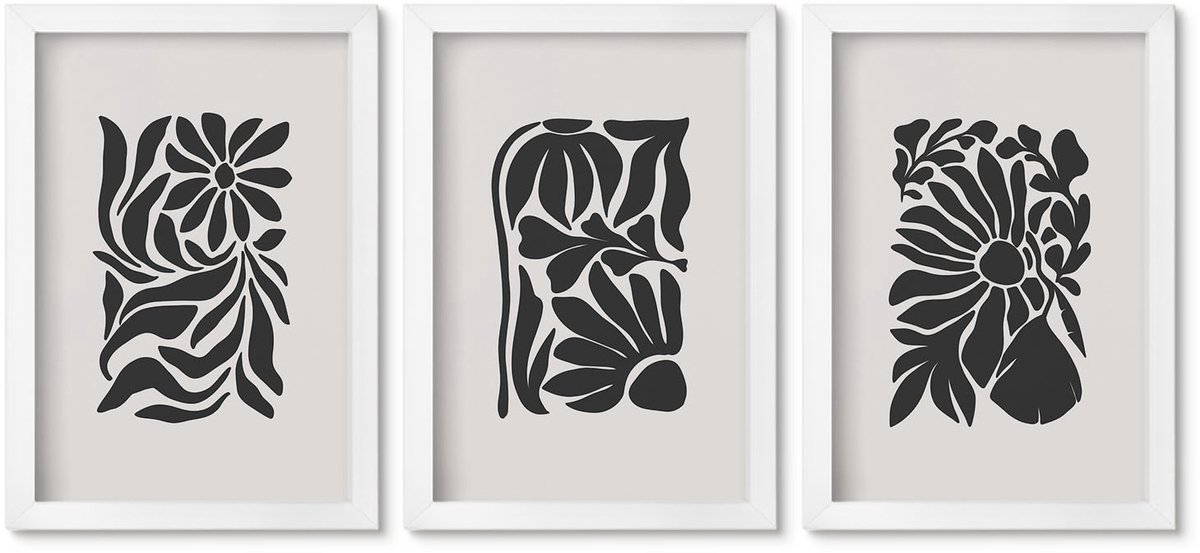 Wallfluent 3-Delige Schilderij Set - Abstracte Plantpatronen In Zwarttinten - 20 x 30 - Muurdecoratie - Wanddecoratie - Hal - Woonkamer Decoratie