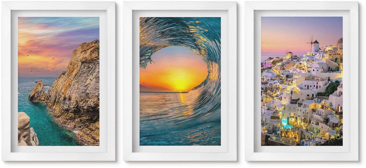 Wallfluent 3-Delige Schilderij Set - Uitzicht Op De Zee, De Golven En De Witte Huizen Op Santorini, Griekenland - 20 x 30 - Moderne Wanddecoratie - Woonkamer - Interieur Decoratie