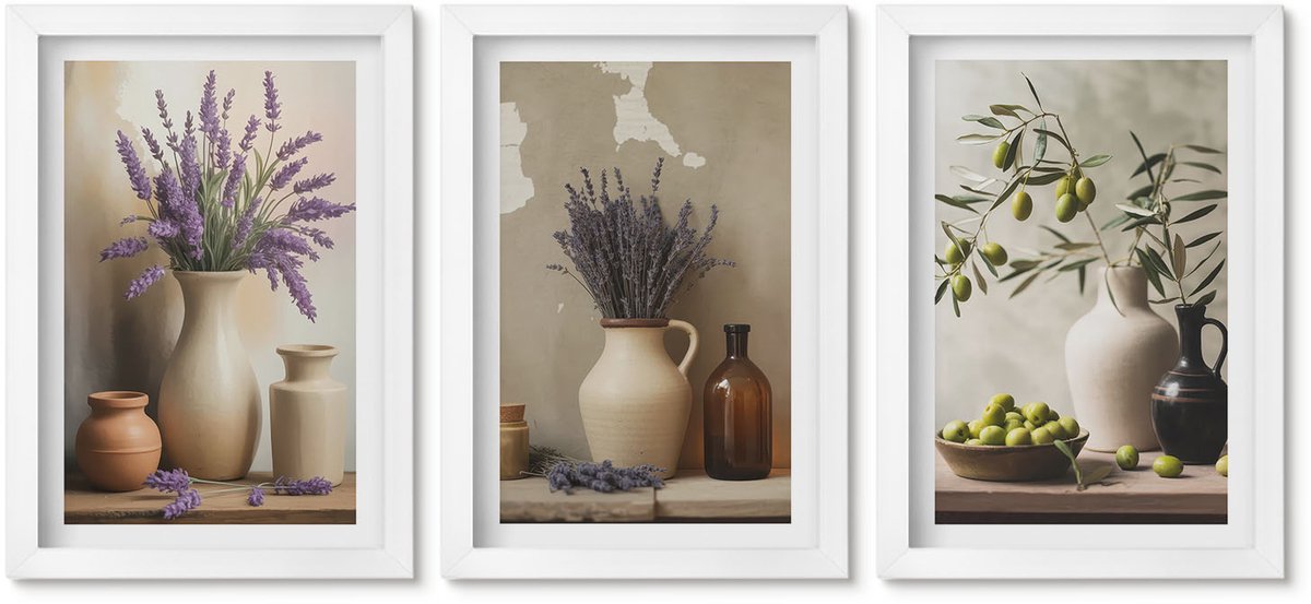 Wallfluent 3-Delige Schilderij Set - Bloemen In Vazen, Olijven En Natuurlijke Decoraties. - 20 x 30 - Wanddecoratie - Muurdecoratie - Woonkamer - Decoratieve Schilderijen