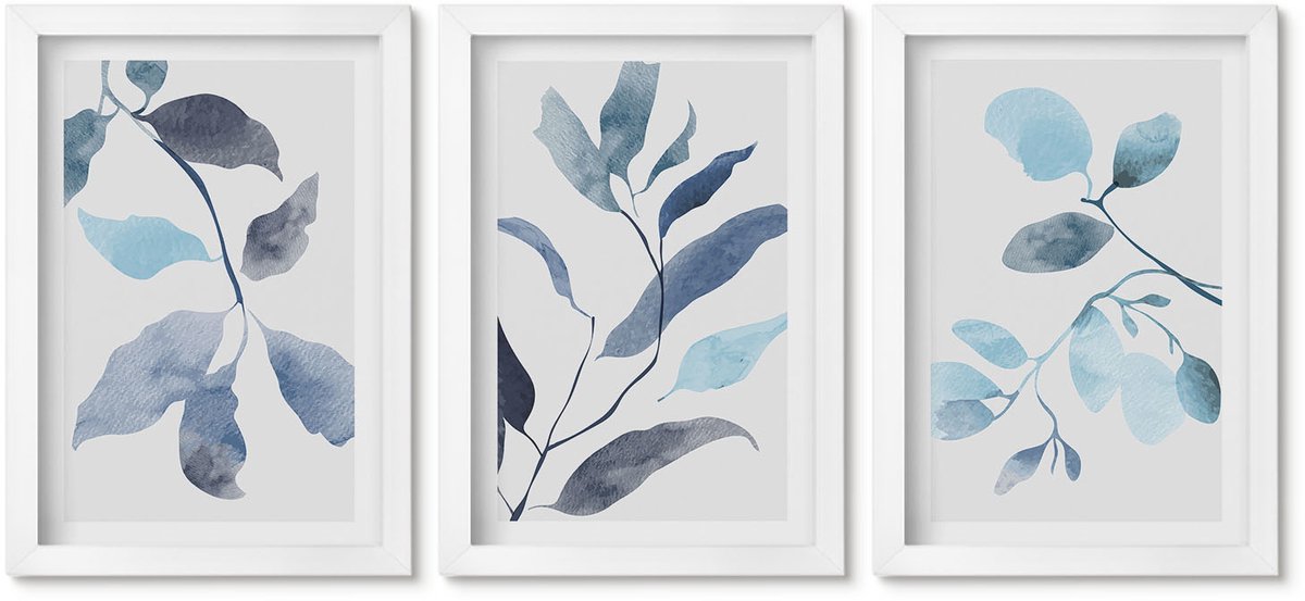 Wallfluent 3-Delige Schilderij Set - Blauwe Bladeren Op Een Lichte Achtergrond In Aquarelstijl - 20 x 30 - Stijlvolle Wanddecoratie - Interieur - Stijlvolle Muurdecoratie