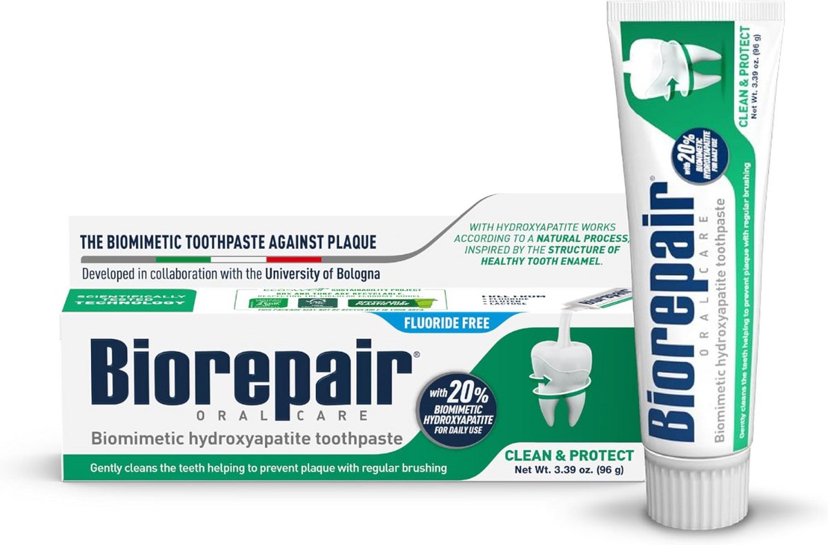 BIOREPAIR Clean & Protect Tandpasta – 20% Hydroxyapatiet – Fluoridevrij – Tegen Tandplak & Tandsteen – Voor Volwassenen en Kinderen – 100 g – Made in Italy