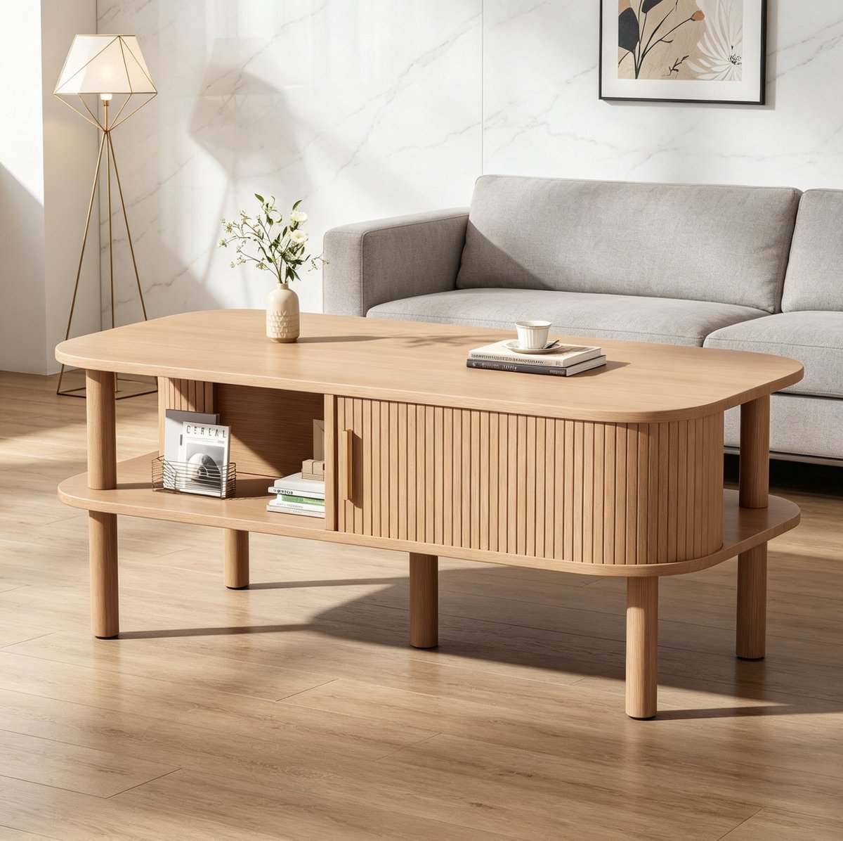 Salontafel - Schuifdeur Met Opbergruimte - Scandinavische Woonkamer - MDF - 110x55x45 Cm - Natural