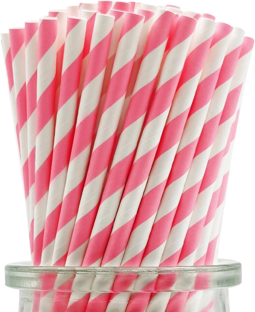Helder Roze wit Gestreepte Papieren Rietjes, 100 Stuks Hot Pink Wegwerprietjes voor Verjaardagen en Bruiloften, Cake - ShopVlot