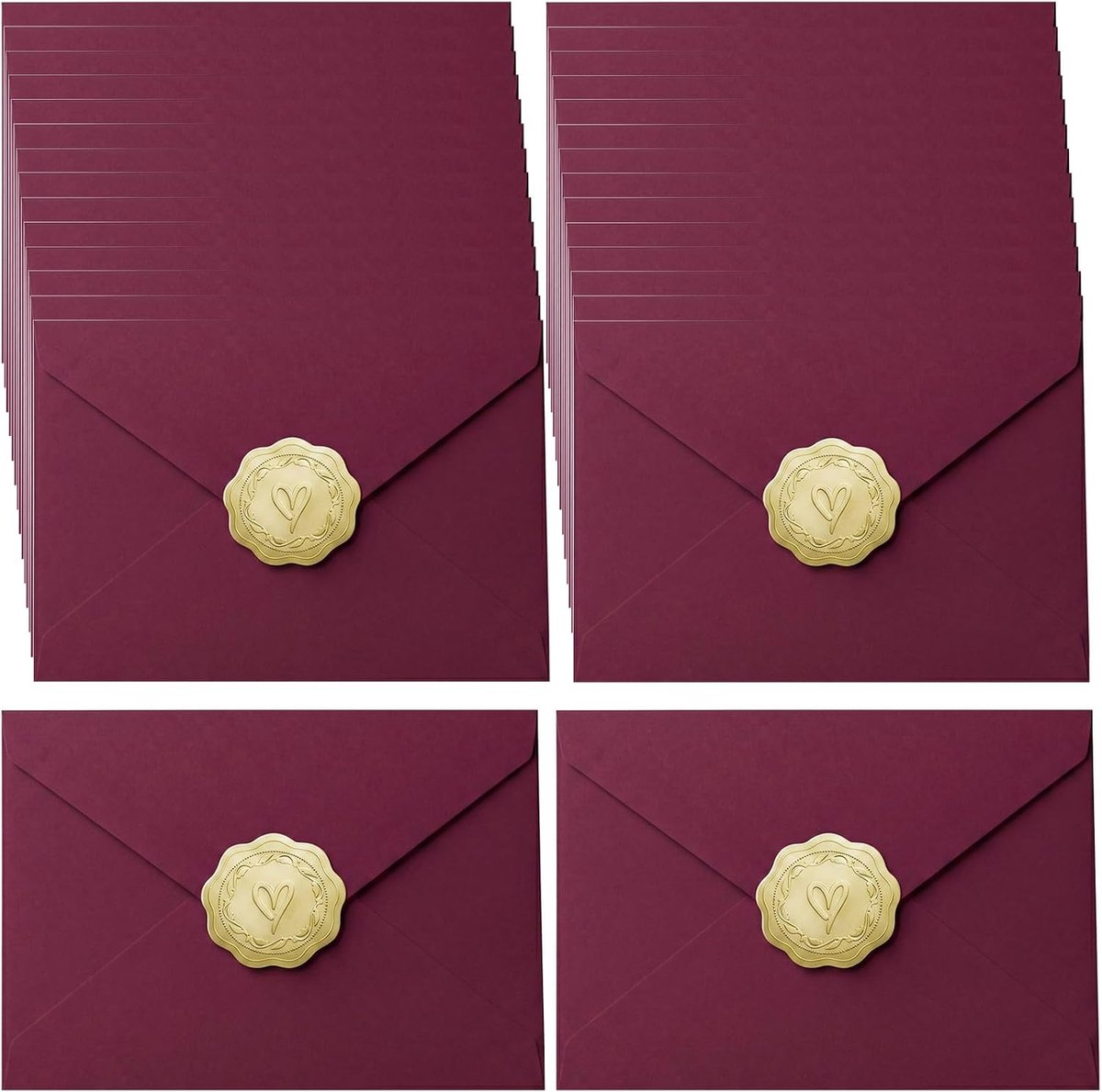 24 stuks enveloppen voor bruiloft, wijnrood + 24 gouden stickers om te verzegelen, kleine enveloppen als - ShopVlot