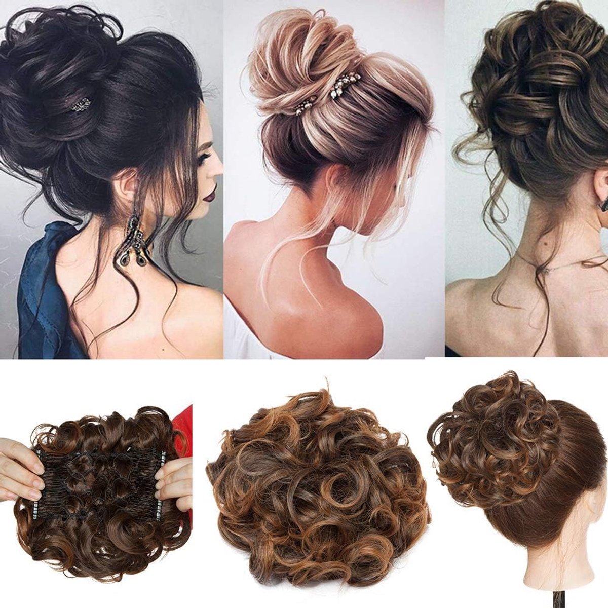 Hair Puller in the Shape of Cook, Hair Extension, Bun Curly, Wavy, Ponytail, Dark Brown and Light Chestnut - ShopVlot