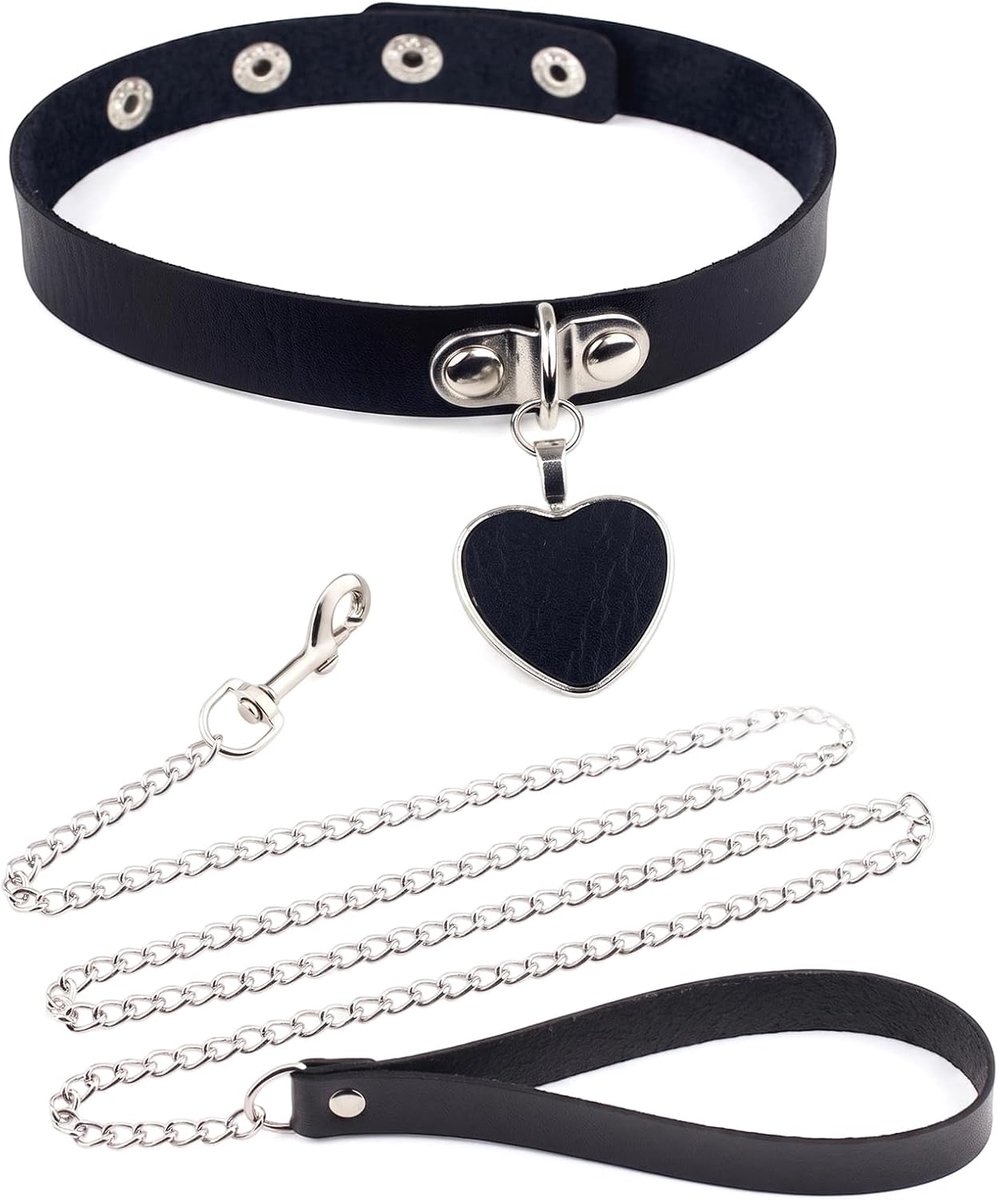 Halsketting met riem, 1 m, choker hart van PU-leer, zwart, verstelbaar, voor dames en heren, gothic punk accessoires - ShopVlot