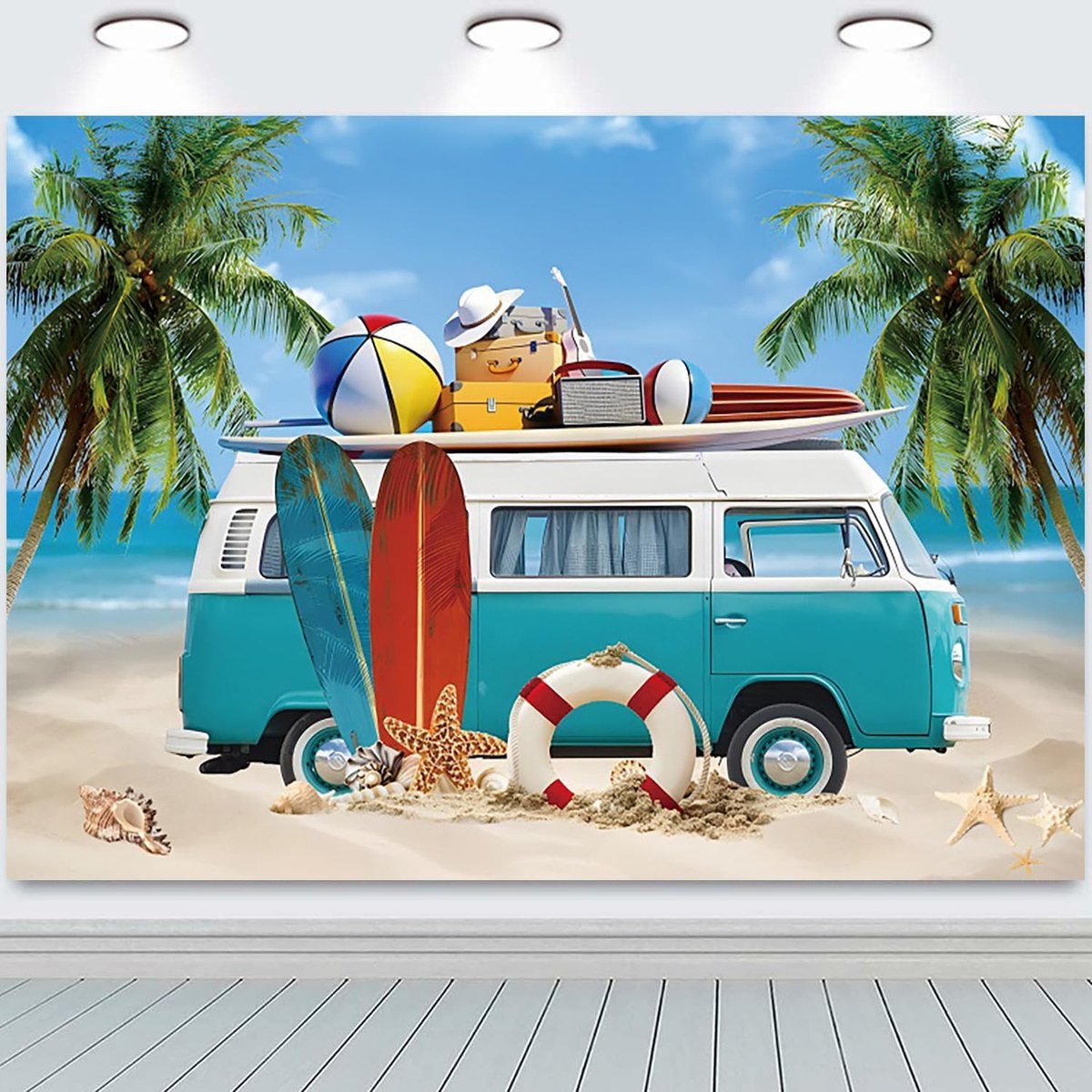 7x5FT strand achtergrond zomer tropische palmbomen surfplank kust bus fotografie achtergrond bruiloft babyborrel - ShopVlot