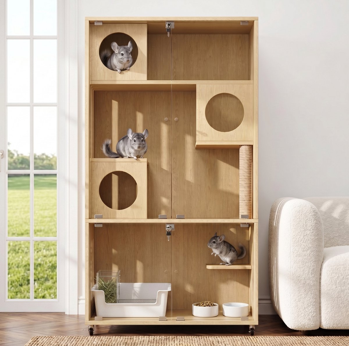 MODENUIT Dierenkooi - Mobiele Chinchilla En Kattenkooi Met Sleutelslot En Wieltjes - Voor Binnen - MDF Glas - 90x50x166 Cm - Naturel