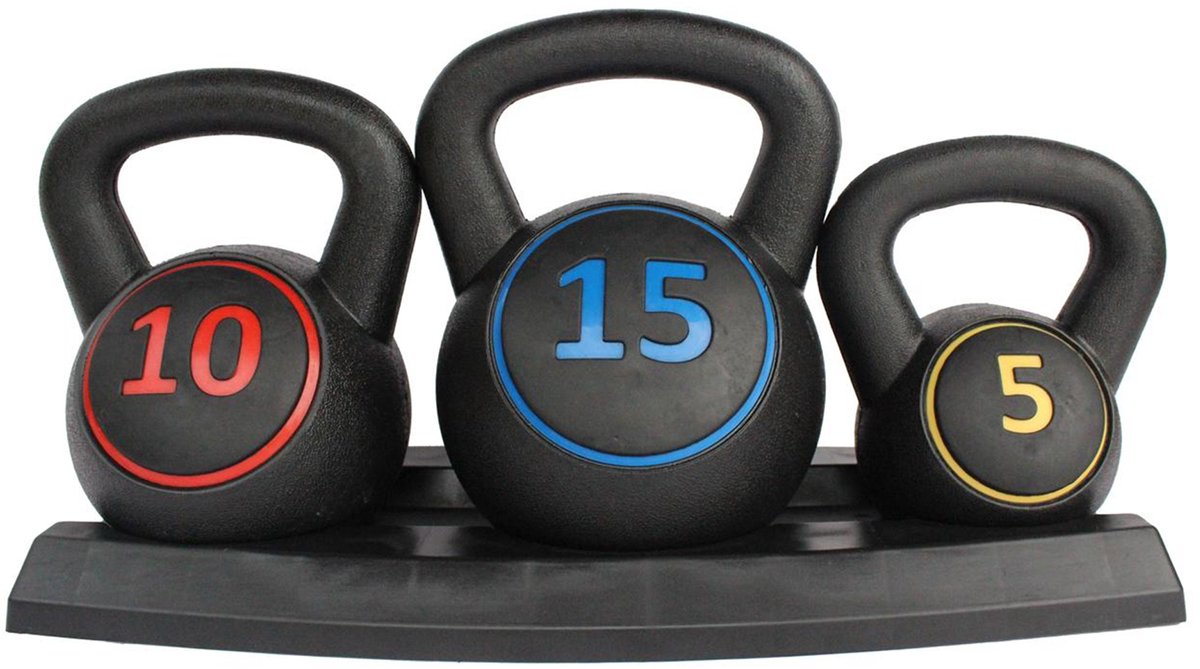 REDOM - Kettlebell set - 5 lb, 10 lb en 15 lb - Antislip handgreep - Platte rubberen basis - Voor home gym en krachttraining - Rubber - Zwart - 53 x 23 x 31,5 cm