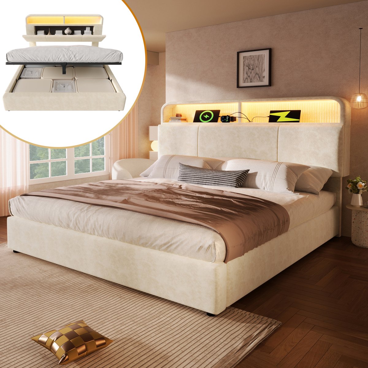REDOM - Bed - Verstelbaar hoofdbord met opbergruimte - Hydraulisch opbergbed - LED verlichting en USB/Type-C laadstation - Moderne stijl - Slaapkamer - Stof - Beige - 140 x 190 cm
