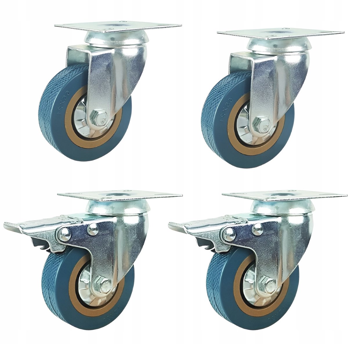Set van 4 Zwenkwielen 100mm PVC, 2 met rem, 55kg draagvermogen