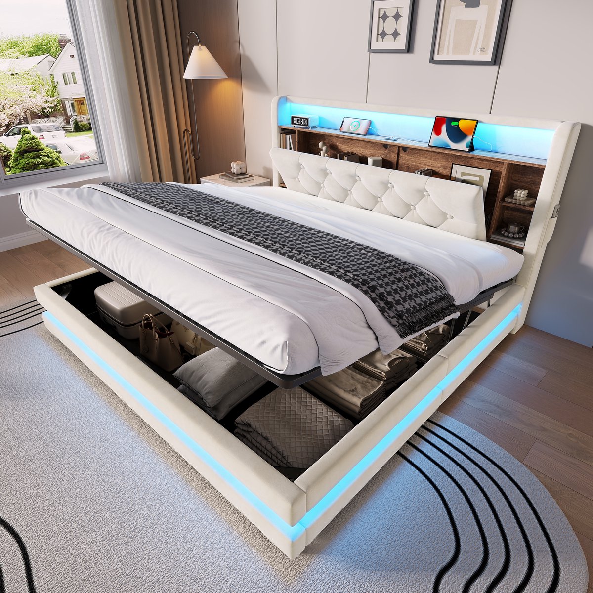 FloraGrace Gestoffeerd Bed 160x200cm - Stauraambed met Ledverlichting, Usb en Type C - Met Opbergruimte en Lattenbodem - Beige - Zonder matras