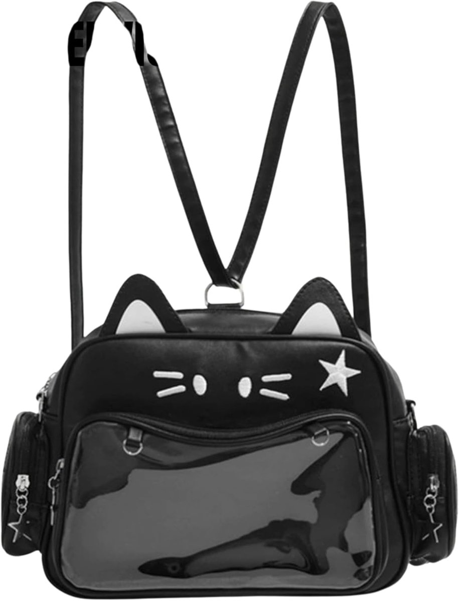 KZQ Kawaii Pin Display Rugzak met Kattenprint - Schouder- en Crossbody Tas, Met Inzetstuk voor Pins, Ideaal voor Anime Verzamelaars-Zwart(Pins Niet Inbegrepen)