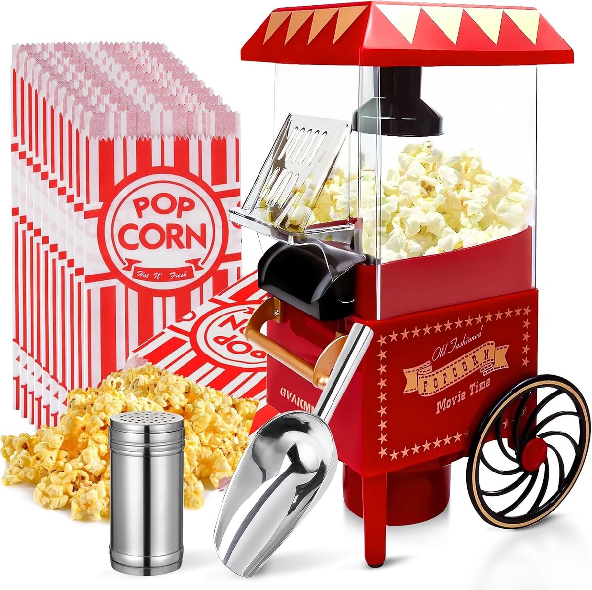 Popcornmachine 10 kopjes - heteluchtpopcornmakerset - olievrij - retrostijl voor thuisbioscoop