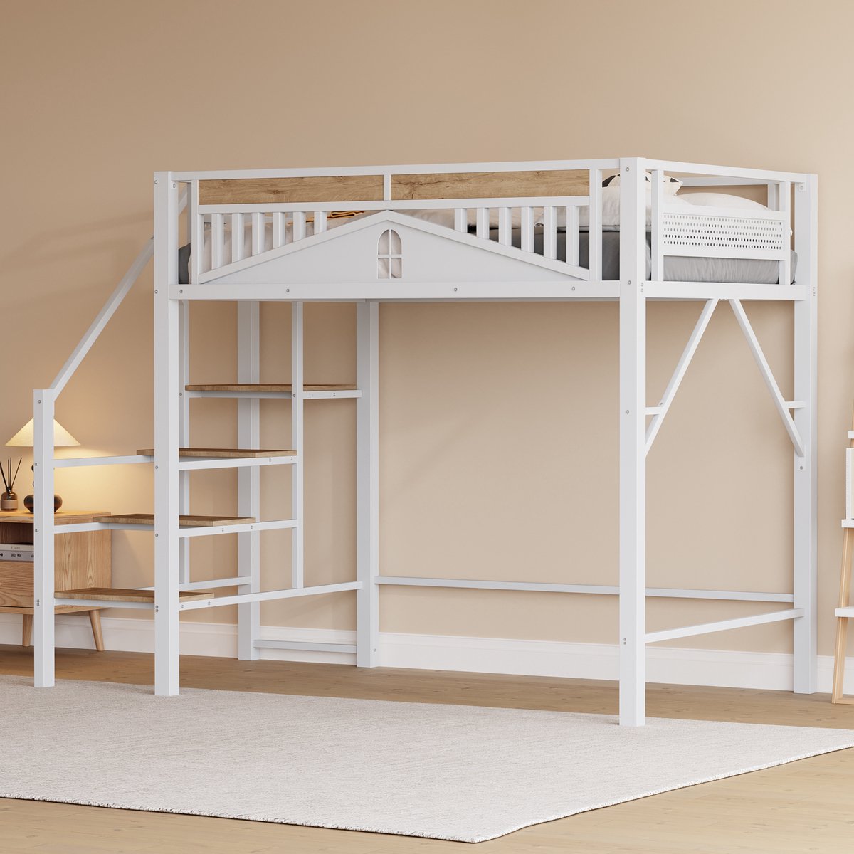 Hoogslaper - 140 x 200 cm - 2-persoons - met opbergruimte - met ladder - Wit