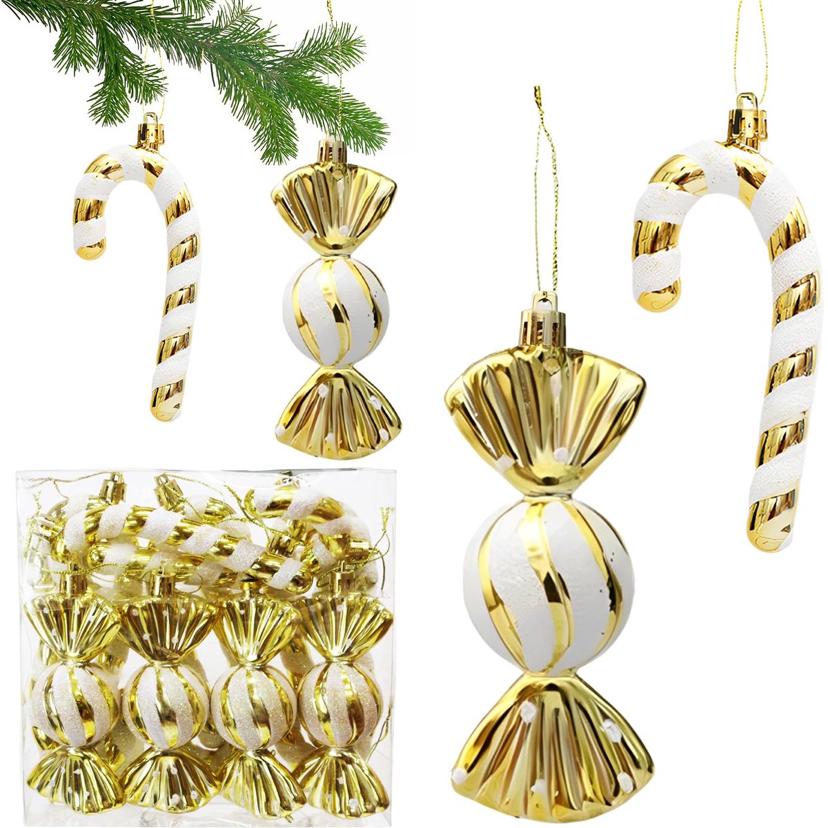 12 stuks glitter kerstboomdecoraties goud, XXL kerstballen zuurstokken decoratie, kerstboom ornamenten wit goud voor - ShopVlot