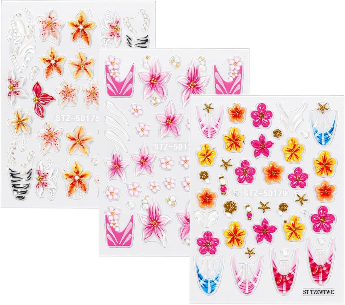 3D Nail Stickers Flower Self-Adhesive Set of 3 Sheets DIY Nail Design - ShopVlot