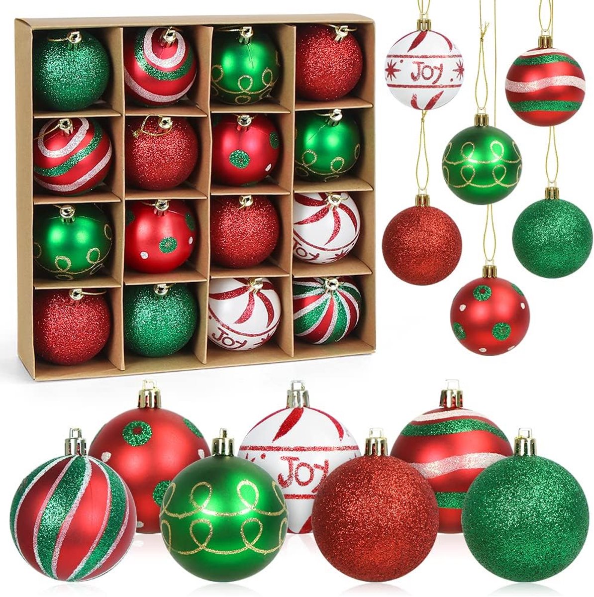 Kerstballen rood/groen, 16 stuks, kerstboomversiering, hangende kerstdecoratie, doorsnee 6 cm, kerstboom decoratieset - ShopVlot