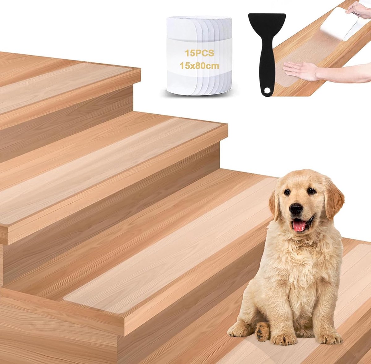 Stair Treads, Non-Slip Mat, 15 Pieces, Transparent Self-Adhesive Non-Slip Stair Strips with Shovel, 15 x 80 cm, Indoor - ShopVlot